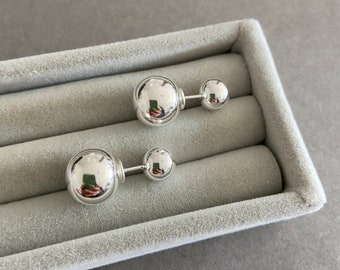 Silver Big Ball Double Sided Stud Earrings, Front Back Stud Earrings - Sterling Silver