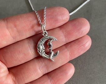 Silver Swinging Lady in Crescent Moon Pendant Necklace - Sterling