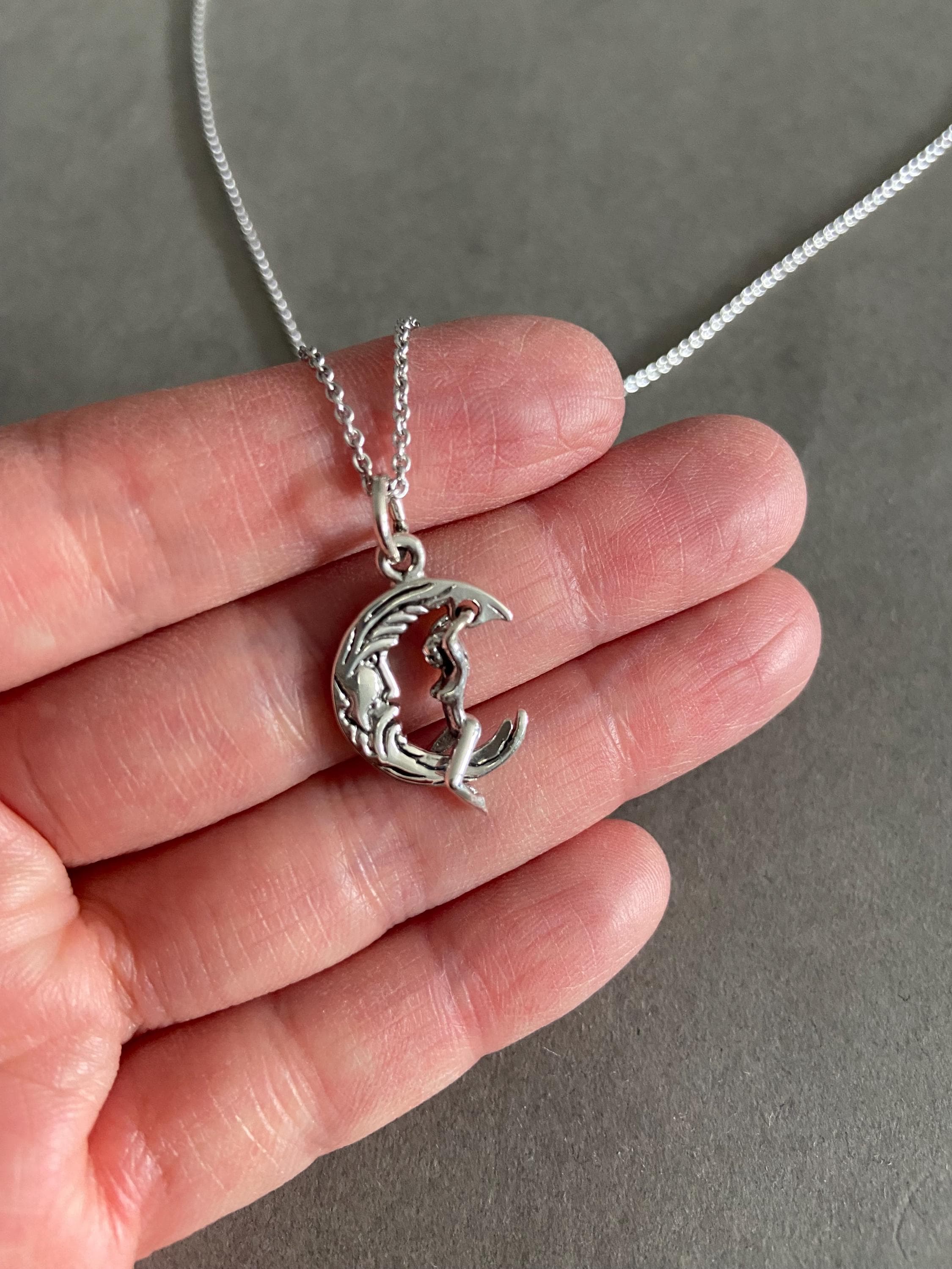 Silver Swinging Lady in Crescent Moon Pendant Necklace - Sterling