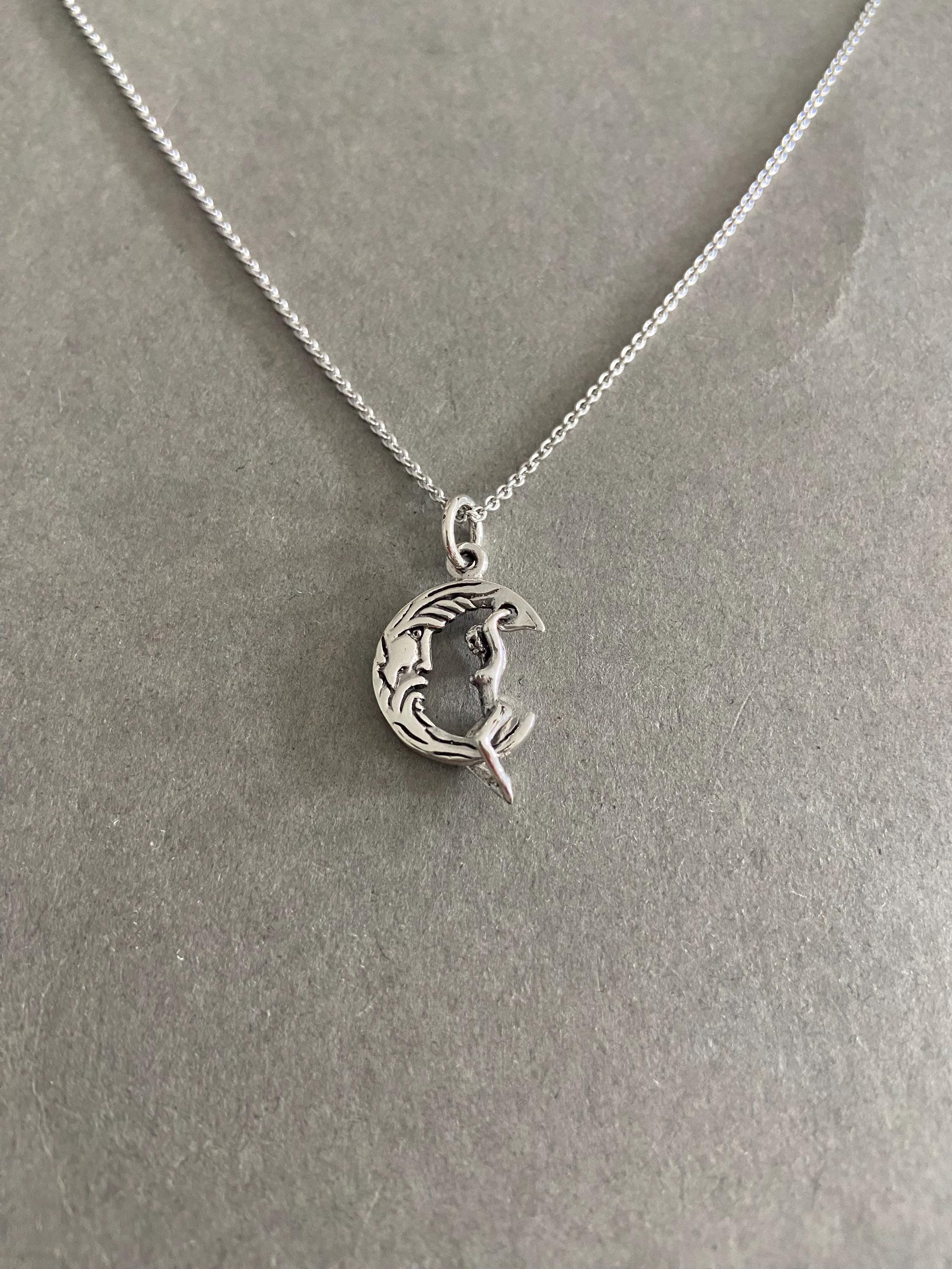 Silver Swinging Lady in Crescent Moon Pendant Necklace - Sterling