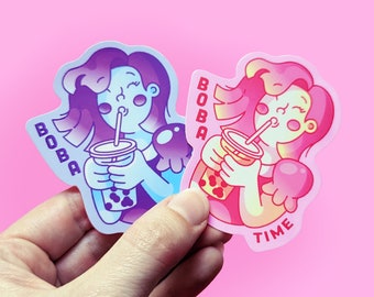 Boba Tea Time Blue and Pink Die Cut Vinyl Sticker