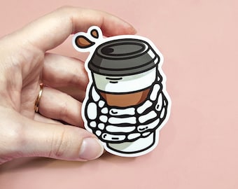 Death by Caffeine Skeleton Coffee Die Cut Vinyl Sticker