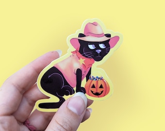 Cowboy Cat Halloween Illustrated Die Cut Vinyl Sticker