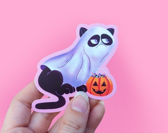 Spooky Ghost Cat Halloween Illustrated Die Cut Vinyl Sticker