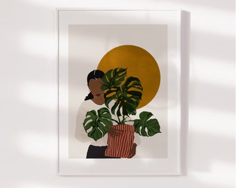 PLANT MOM | Plant Lover Gift, Plant Mom Art print, Giclee print, Canvas art, Gift For Her, black woman art poster, Digital Download