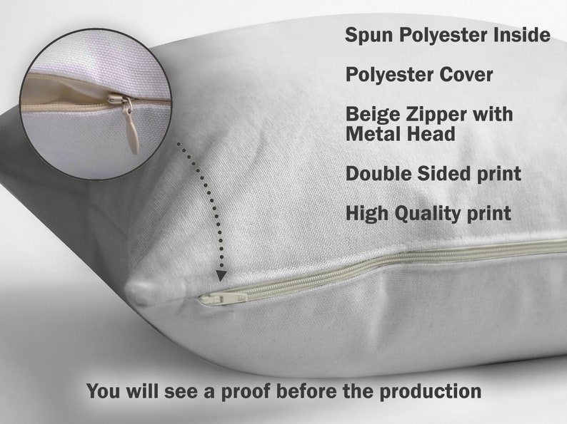 Puede incluir: Una funda de almohada blanca con una cremallera beige y un tirador de cremallera de metal. La funda de almohada est&aacute; hecha de poli&eacute;ster hilado en el interior y de poli&eacute;ster en la cubierta. El texto "Spun Polyester Inside", "Polyester Cover", "Beige Zipper with Metal Head", "Double Sided print" y "High Quality print" es visible en la imagen. El texto "You will see a proof before the production" tambi&eacute;n es visible en la imagen.