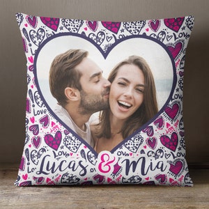 Valentine&#39;s Day custom Pillow with heart shaped picture and Names. Many different background options with love theme.