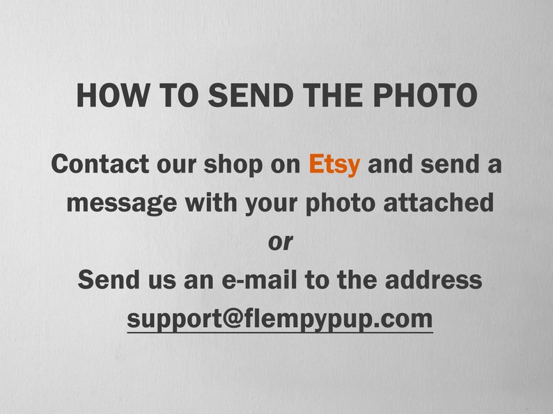Puede incluir: Texto sobre un fondo blanco que explica c&oacute;mo enviar una foto a una tienda. El texto dice "HOW TO SEND THE PHOTO" y luego proporciona dos opciones: "Contact our shop on Etsy and send a message with your photo attached" o "Send us an e-mail to the address support@flempypup.com".