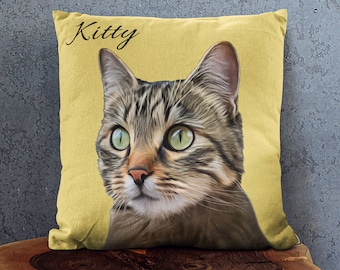 Custom Pillow with the Oil Paint Portrait of your Pet on a colored background and the pet's name. Portrait from the photo is included.