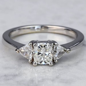 White Cushion Cut Ring,  White Diamond Ring, Engagement Ring, Wedding Ring, 925 Sterling Silver Ring, Three Stone Ring, Trillion Cut Ring