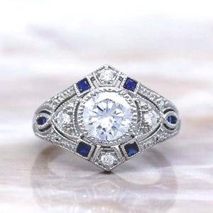 Art Deco Sapphire & Diamond Ring: 925 Sterling Silver Wedding Ring