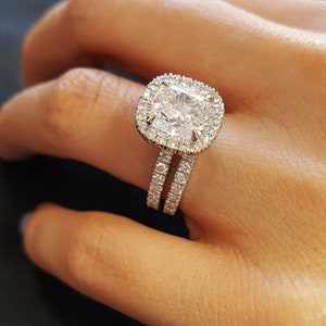Halo Cushion Cut Sterling Silver Engagement Ring Set