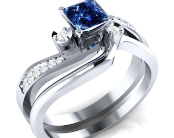 Conjunto de anillos de boda de plata de ley con corte princesa de 2,10 ct: Anillo de compromiso con diamante azul