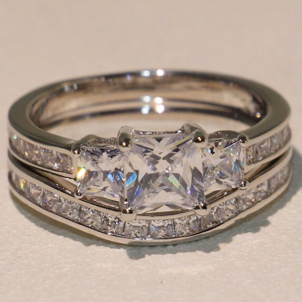 3.35Ct Princess Diamond Wedding Engagement 14K White Gold Ovar Three Stone Bridal Set Ring Vintage Proposal Ring,Christmas,Birthday Gift