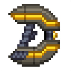 Puede incluir: Imagen pixelada de un arma futurista. El dise&ntilde;o presenta un cuerpo curvo gris con detalles dorados. Un mango gris oscuro y detalles mec&aacute;nicos son visibles, sugiriendo un tema de alta tecnolog&iacute;a o ciencia ficci&oacute;n.