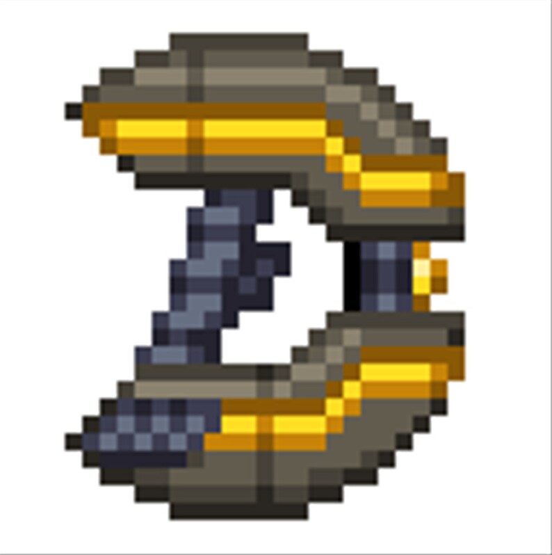 Puede incluir: Imagen pixelada de un arma futurista. El dise&ntilde;o presenta un cuerpo curvo gris con detalles dorados. Un mango gris oscuro y detalles mec&aacute;nicos son visibles, sugiriendo un tema de alta tecnolog&iacute;a o ciencia ficci&oacute;n.