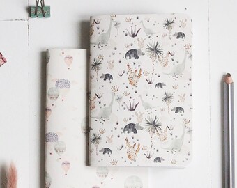 Set of 2 small watercolor dinosaur and hot air balloon notebooks