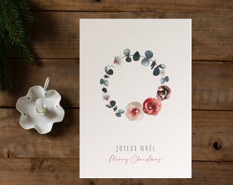 Carte illustration Couronne de Noël peinte à l'aquarelle  | A6 | Imprimée sur Papier Rive Tradition haute qualité