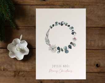 Carte illustration Couronne de Noël peinte à l'aquarelle  | A6 | Imprimée sur Papier Rive Tradition haute qualité