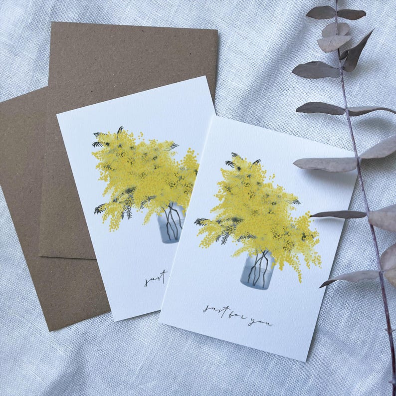 Carte bouquet Mimosa, carte d'anniversaire, carte de remerciements avec enveloppe