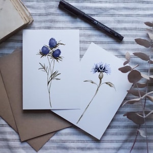 2 cartes fleurs sauvages à l'aquarelle / cartes fleuries / carte fleurs bleue / carte anniversaire
