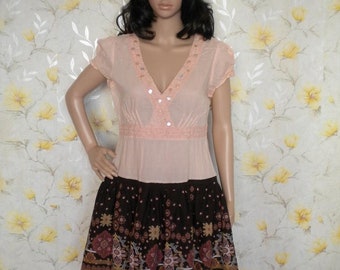 Floral Braun Rose Boho Shirtkleid, Pailletten Spitze Mori Girl Cottagecore Upcycled Kleid, M-L