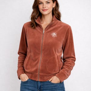 Schokobraune Velour Trainingsjacke Rosen Stickerei Y2K Loungewear Cozychic Zip-Up Grösse L XL