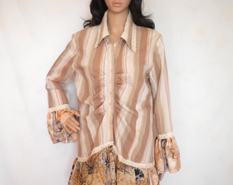 Upcycling Boho Rüschen Tunika, Gestreiftes Glockenärmel Shirt, XL