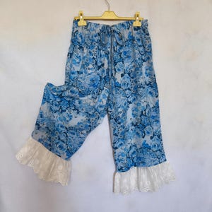 Boho ruffled bloomers of vintage floral linens shabby chic blue roses eyelet ruffles wide leg pants cottagecore mori kei pantaloon trousers