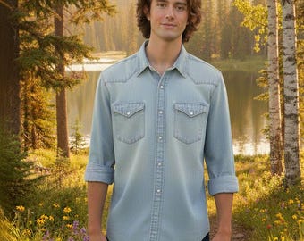 Camisa vaquera azul claro vintage con botones a presión de perla, talla S/M