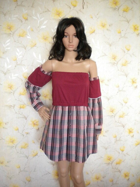 red plaid off the shoulder dress Red Plaid Tie Shoulder Midi Dress Large