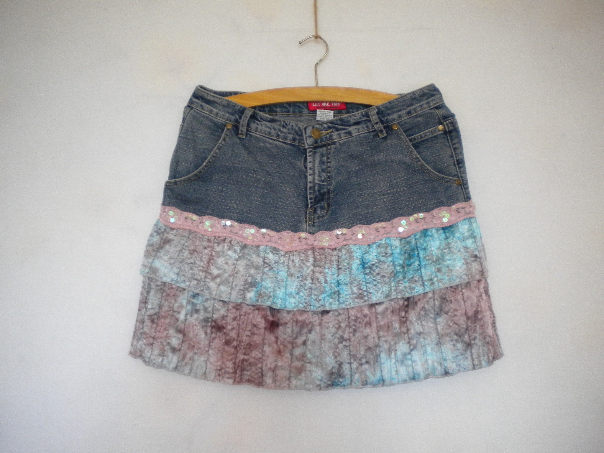 Vintage Denim Skirt, Ruffled Jean Skirt, Hippie Mini Denim