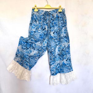 Boho ruffled bloomers, shabby chic blue roses, eyelet ruffles, wide leg pants, cottagecore pantaloons trousers made of vintage floral linens