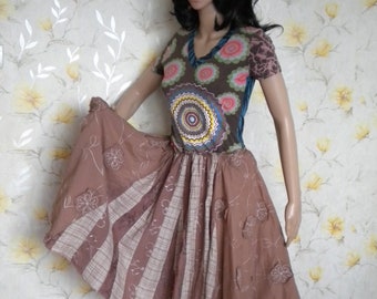 Upcycled Boho Sommerkleid, Shabby Chic T-Shirt Kleid, Mori Kei, Größe S