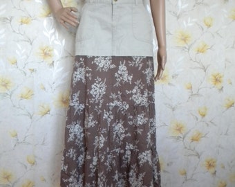 Upcycled Ruffled Floral Skirt, Beige Jean, Boho Cottagecore (S-M)