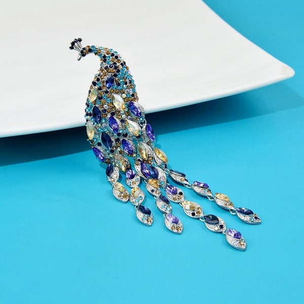 Large Long Crystal Tassel Peacock Brooch For Women Luxury Fashion Animal Pin The Tail Is Active High Quality