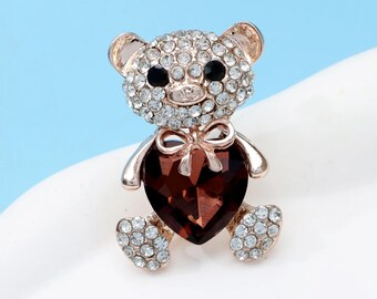 Crystal Heart Bear Brooch Cute Animal Pins for Women Dress Coat Badges Jewelry