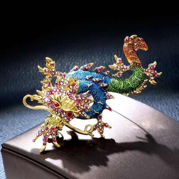 Rhinestone China Dragon Brooch Enamel Pin Zodiac Design Jewelry