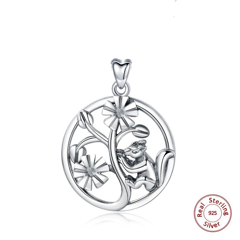 Sterling Silver Squirrel loves pine cones Pendant Flower for Women Unique Nature Animal Design Jewelry