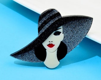 Acrylic Wear Big Hat Beautiful Lady Brooch Acetate Fiber Pin Elegant Women Jewelry