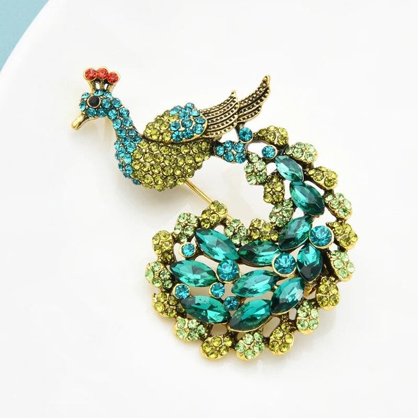 Sparkling Peacock Brooch Green Rhinestone Peacock Animal Brooch Pin