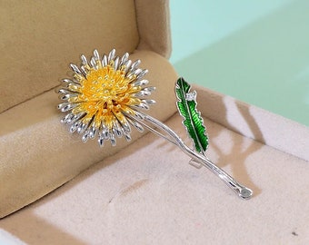 Green Leaf Yellow Dandelion Flower Enamel Brooch Women Men's Wedding Plants Pins