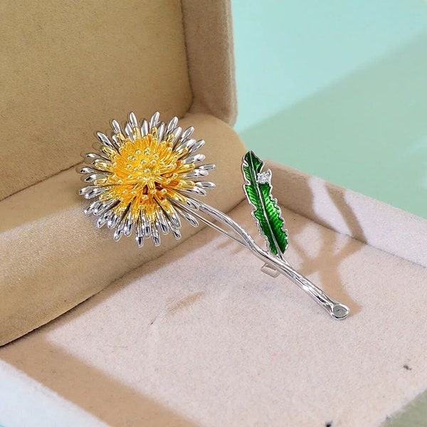 Green Leaf Yellow Dandelion Flower Enamel Brooch Women Men's Wedding Plants Pins