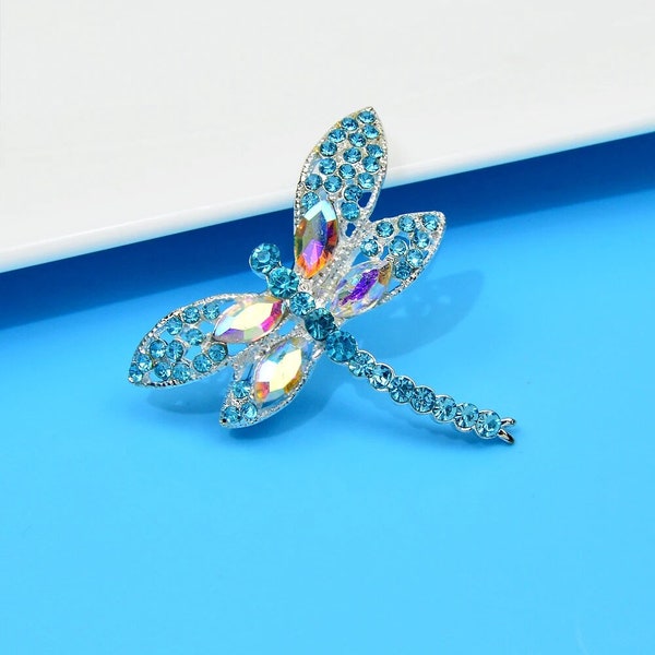 Rhinestone Blue Dragonfly Brooch For Women Coat Insect Jewelry