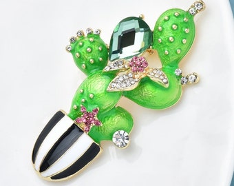 Cactus Brooch For Women Unisex Enamel Rhinestone Beauty Flower Plants Brooch Pin