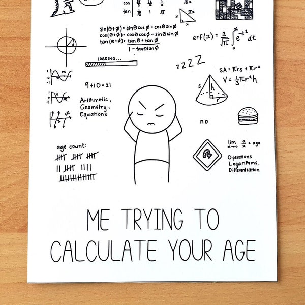 Trying To Calculate Your Age - Smart Nerd Geek Maths Mathematics Engineer Calculus Physics Science, Happy Birthday Card, Funny Printable PDF