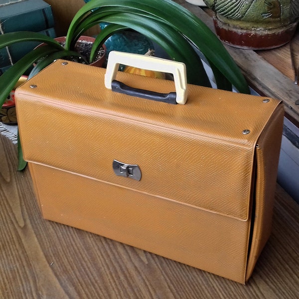 Vintage rare 1970s small new mustard yellow dermantine suitcase. Home Decor. Yellow box for storing things.