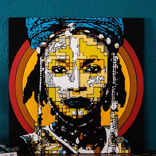 Peinture Art Urbain Street Art de Femme Tribu d'Afrique Pixel Style Street Art Graffiti Tableau sur bois pour Décoration Murale Moderne