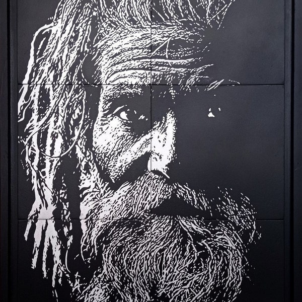 Peinture Street art Art Urbain Acrylique sur Bois Peinture Portrait Originale Noir Blanc monochrome Sadhu Aérosol Graffiti