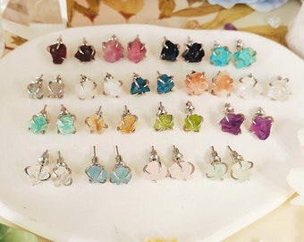 Silver Raw Gemstone Stud Earrings Birthstone Earrings Healing Crystal Stone Earring Studs Boho Jewelry Gift For Women